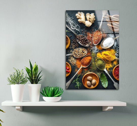 Colorful Indian spices glass wall art displayed above a white shelf with plants features a dark background and glossy finish for modern kitchen decor