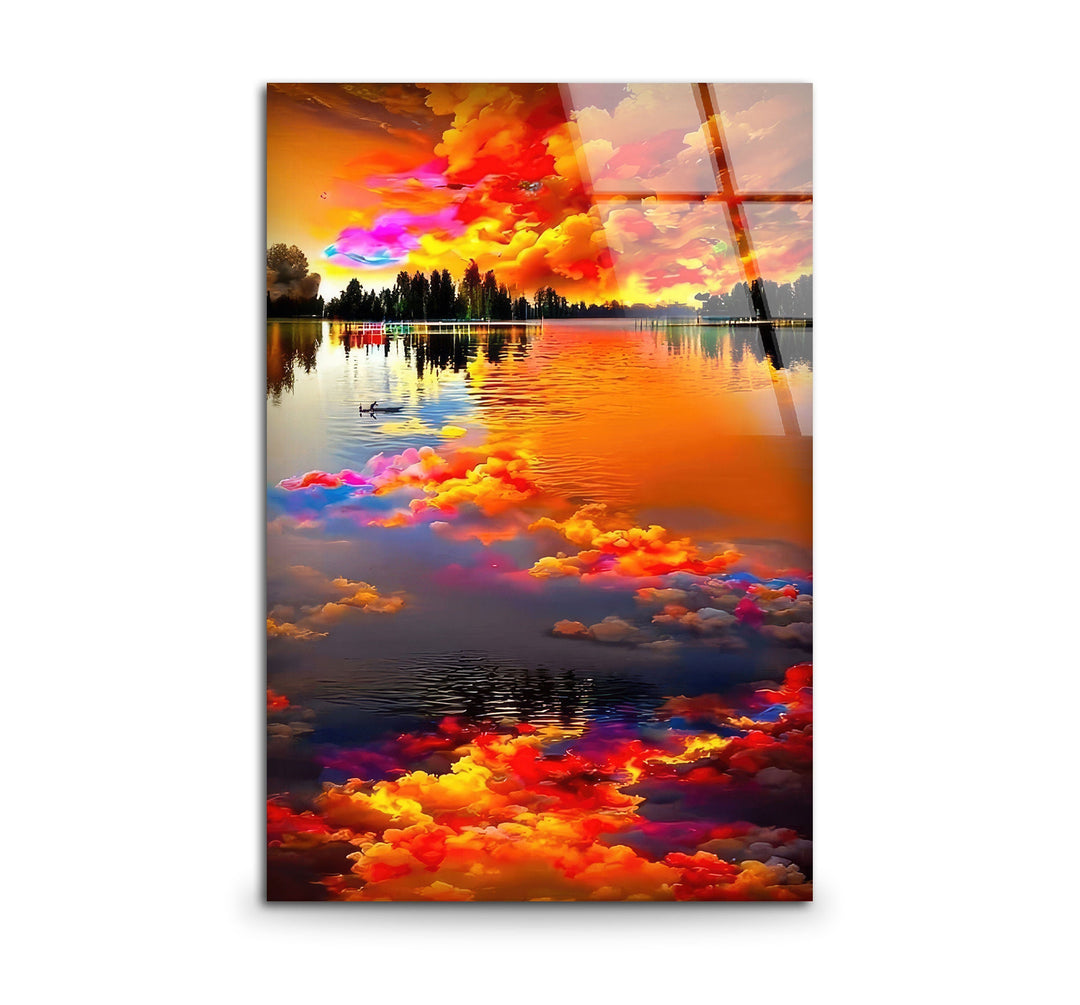 A mesmerizing glass print of a golden sunset sky reflecting on a serene lake.
