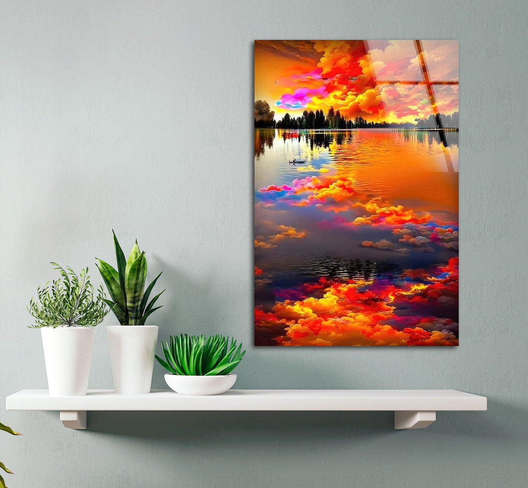 Vivid sunset clouds and reflections captured in high-definition glass wall art.
