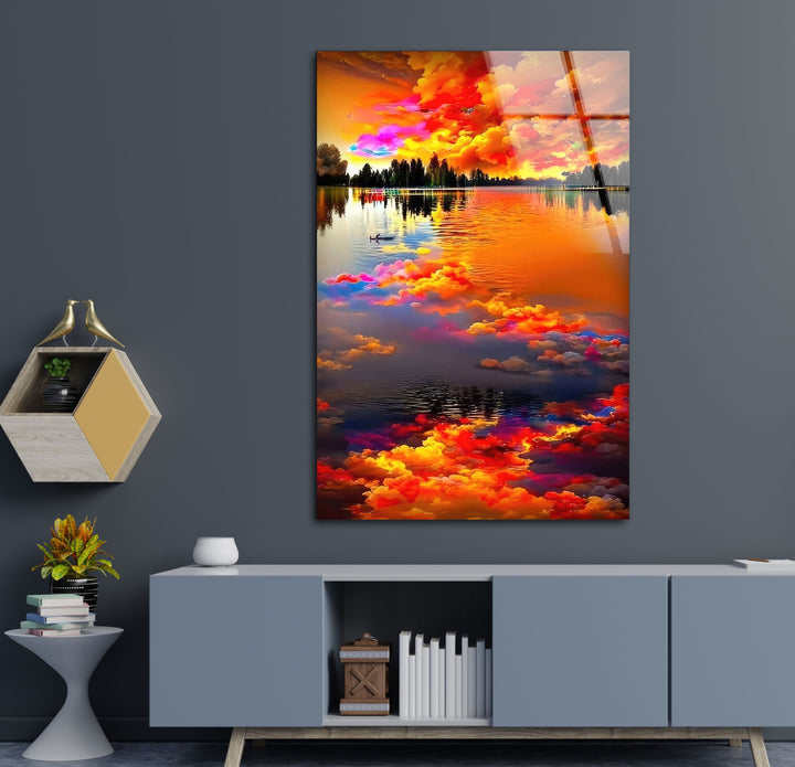 Majestic sunset hues blend with nature’s serenity in this stunning glass wall art.






