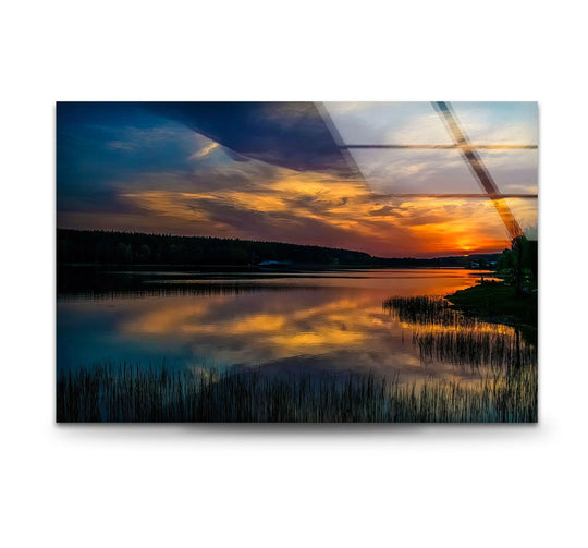 Landscape glass wall art featuring golden twilight and tranquil reflection and stunning landscape art print great for elegant home decor