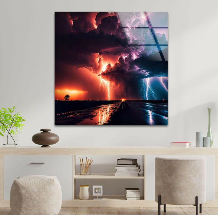 Epic Storm Glass Wall Art: A Breathtaking Clash of Lightning & Fire