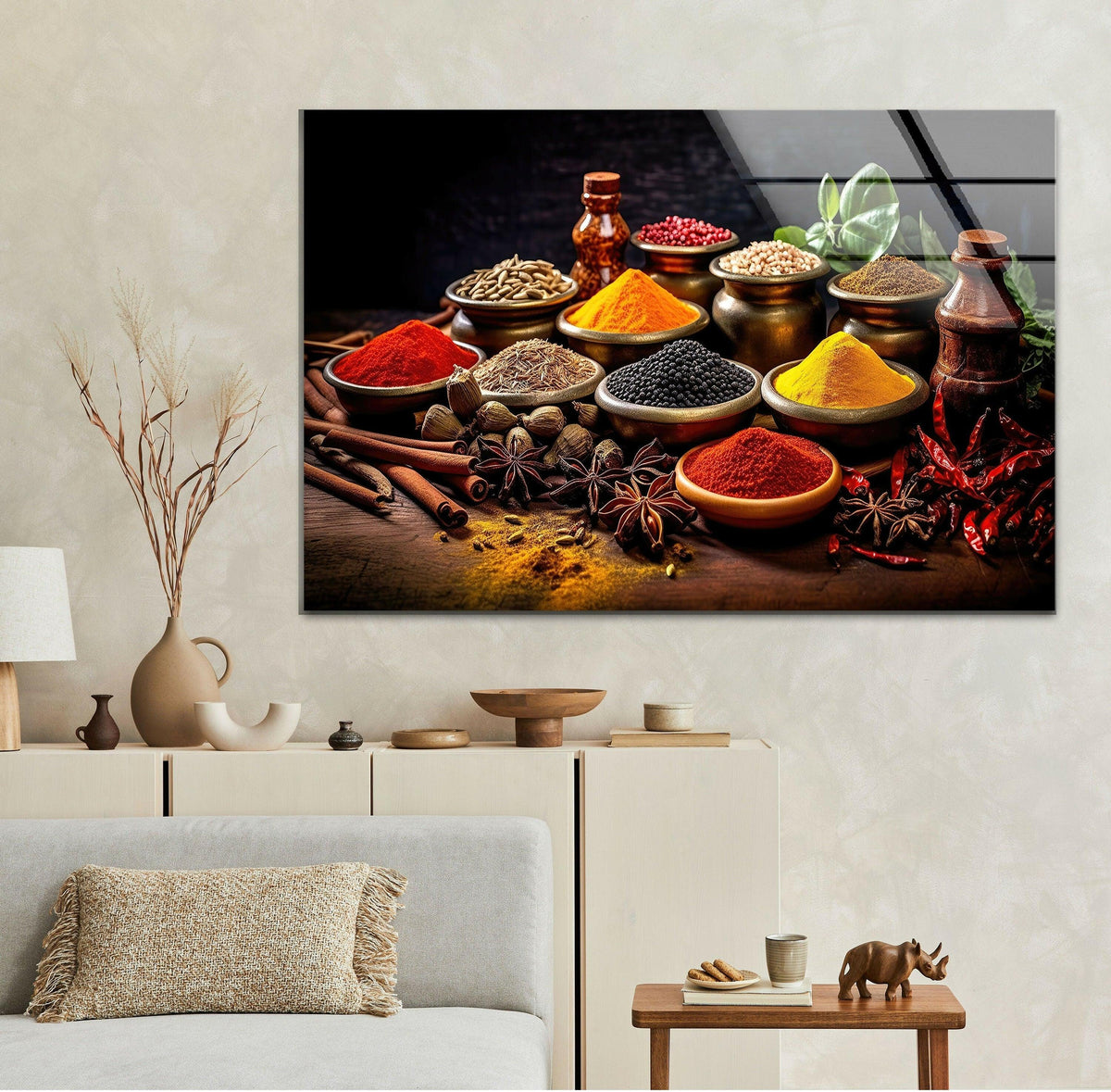 Highlighting the transition between colors, the 'Bunch of Spices' wall art prints showcase vibrant pigments shifting from fiery reds to golden yellows, creating a visually aromatic composition.