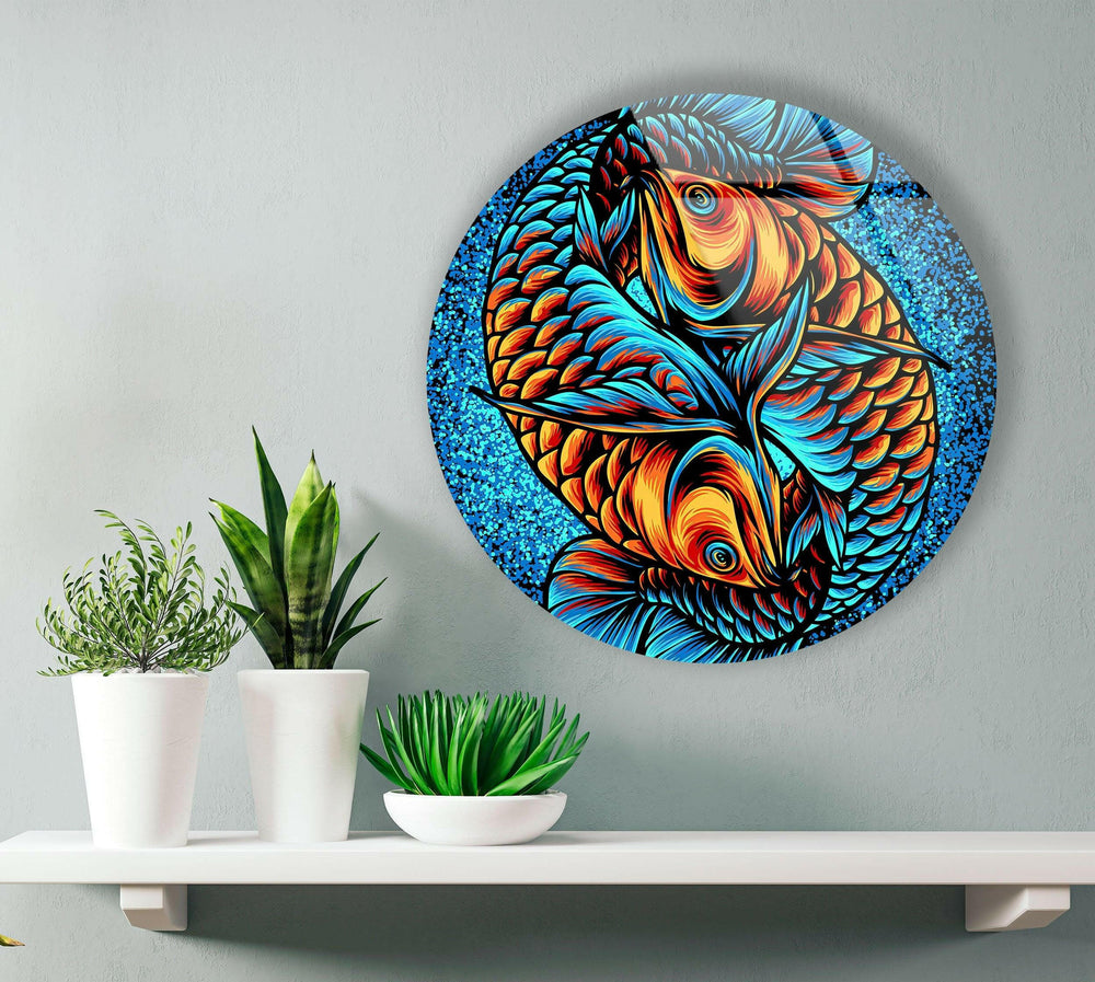 Orange Fishes Stained Round Glass Wall Art photo print on glass, prints on glass wall art
