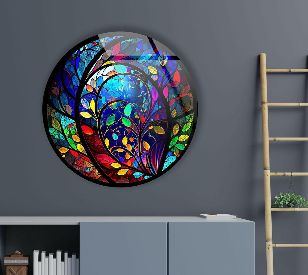 Circular Stained with Tree Round Glass Wall Art glass wall decor, glass wall art decor
