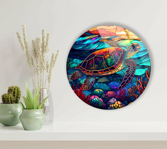Vibrant surface texture emphasizes the shimmering, stained glass printing effect on this round sea turtle wall art, creating an underwater mosaic.