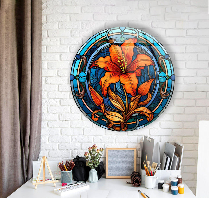 Circular Stained Orange Flower Round Glass Wall Art custom glass photo prints, large glass prints
