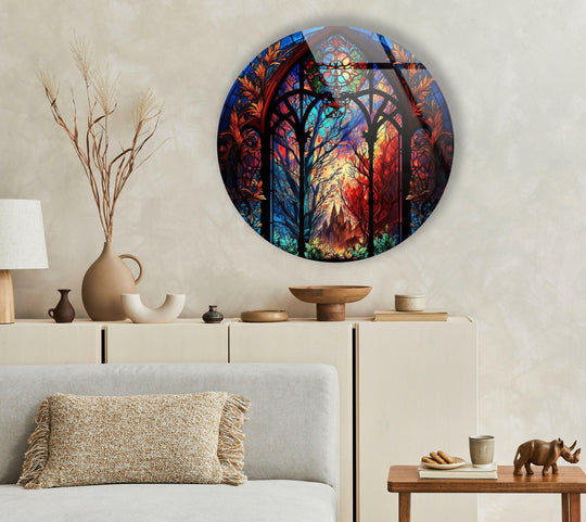 Striking color contrast defines this round glass wall art, where deep blues meet fiery reds in a dazzling display of glass printing depicting an enchanted forest.