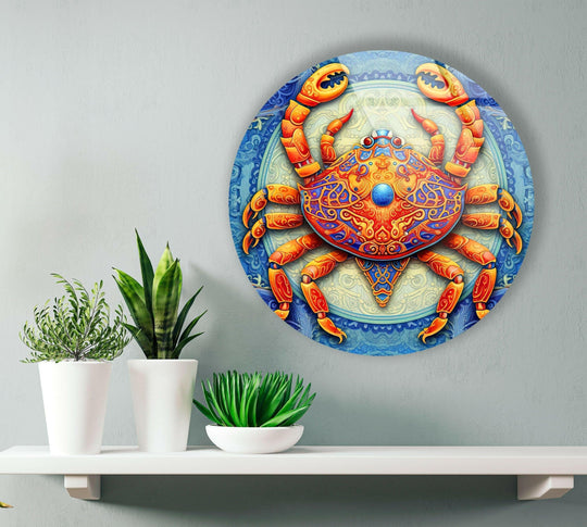 Radiating outwards, the swirling patterns of this crab stained round glass wall art create a vibrant sense of movement, a captivating addition to your collection of ocean-themed wall prints.