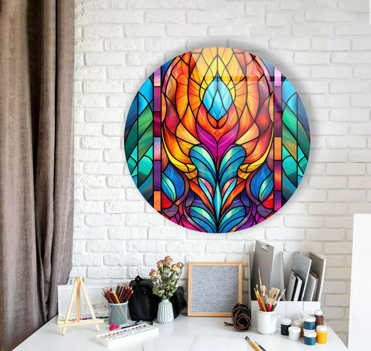 Energetic mood emanates from this stained geometric design round glass wall art, a vibrant glass art painting that elevates the room with its colorful composition.