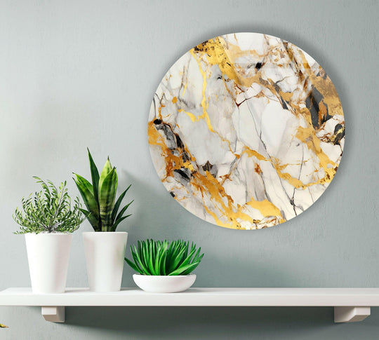 Featuring moderate color saturation, this golden marble round art from glass presents a luxurious decor accent with swirling white, gold, and black tones.