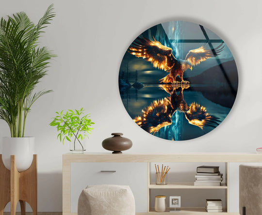 Light and shadow interplay dramatically on the golden eagle abstract round glass wall art, enhancing its home decor appeal through the mirrored image.