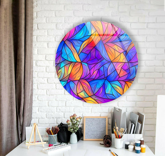 Radiant colors illuminate the center of this round stained glass wall art, a vibrant piece of home decor that showcases a captivating blend of blue and purple hues.