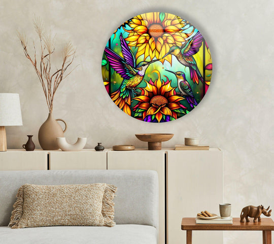 Depicting the darkest area, this stained birds round glass wall art features colorful hummingbird scenes, adding unique glass home decor to any modern living space.