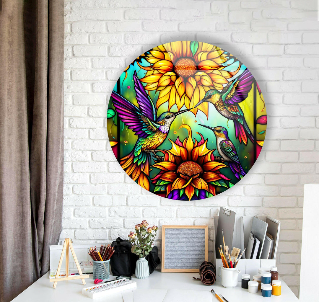 Stained Birds Round Glass Wall Art glass photo prints, glass picture prints
