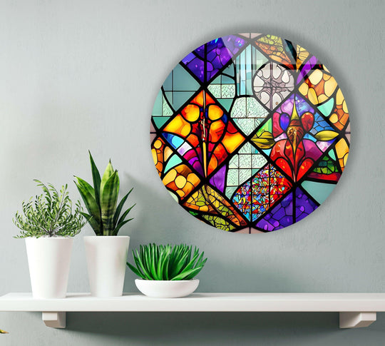 Superior art from glass is evident in this round wall art, showing vibrant colors and intricate patterns using a high-quality stained glass aesthetic.