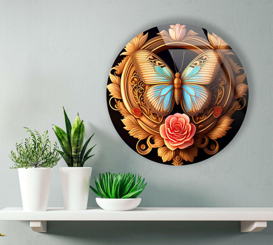 Featuring a sleek edge and borders that highlight the beautiful butterfly round abstract glass print wall art with its floral decorative features.