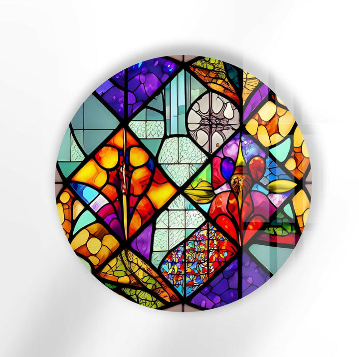 Colorful Shapes And Patterns Stained Round Glass Wall Art stained glass wall art, stained glass wall decor
