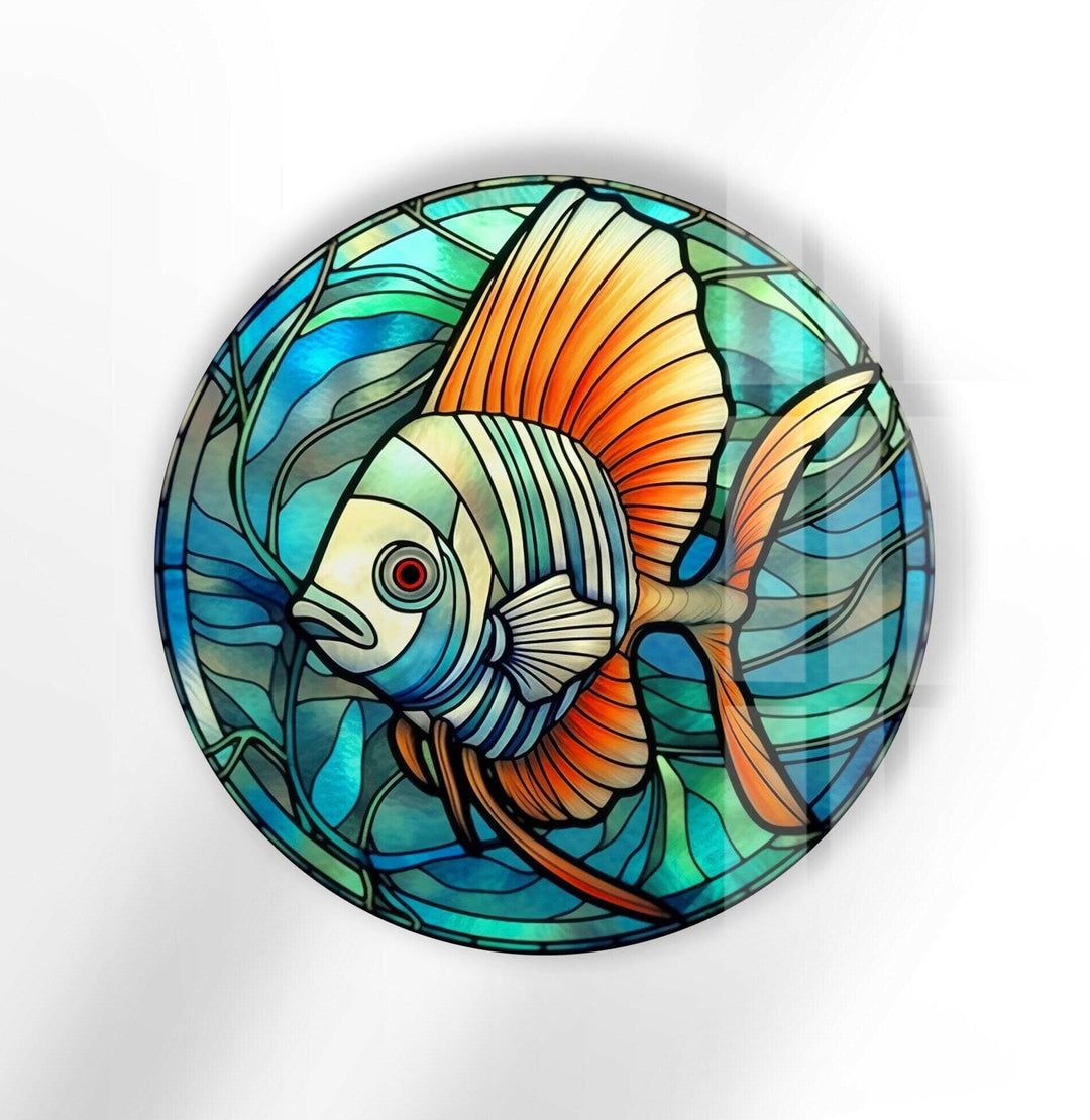 Blue Fish Round Glass Wall Art glass art painting, glass art for the Wall
