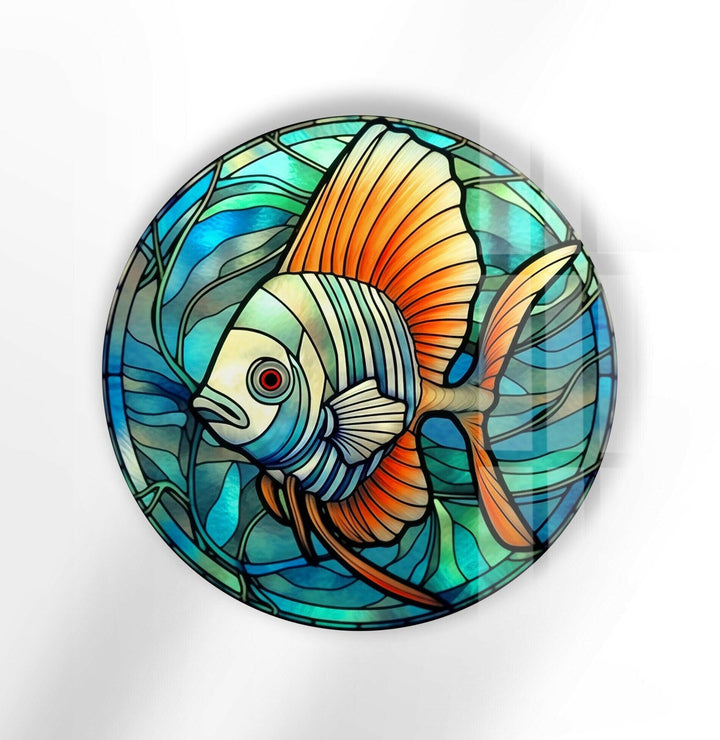 Blue Fish Round Glass Wall Art glass art painting, glass art for the Wall
