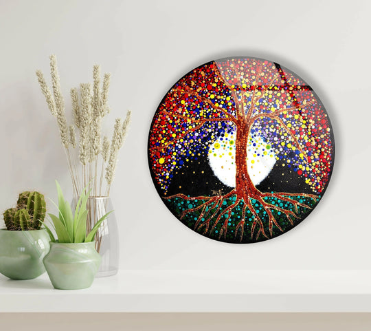 Play of light and shadow accentuates the colorful details in this Life of Tree round brown glass art, creating a striking piece of glass art.
