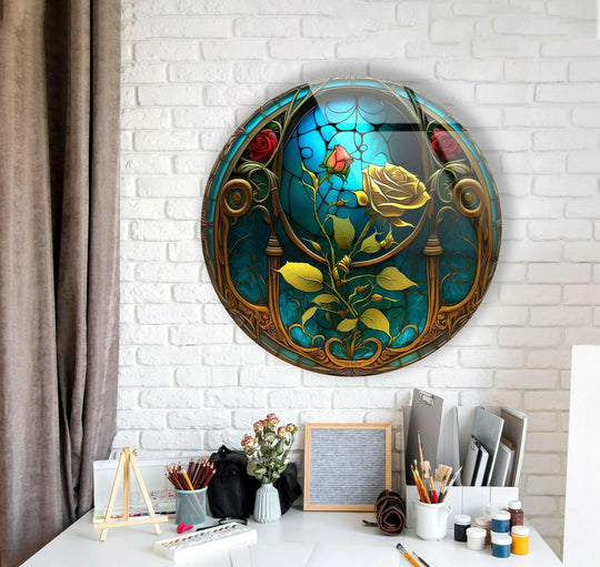Showcasing the layering effect, the round glass wall art features a stained yellow rose design, creating depth through exquisite wall prints.