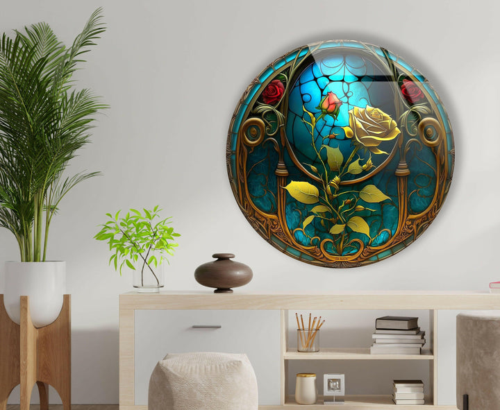 Stained Yellow Rose Round Glass Wall Art print picture on glass, Tempered Glass Wall Art
