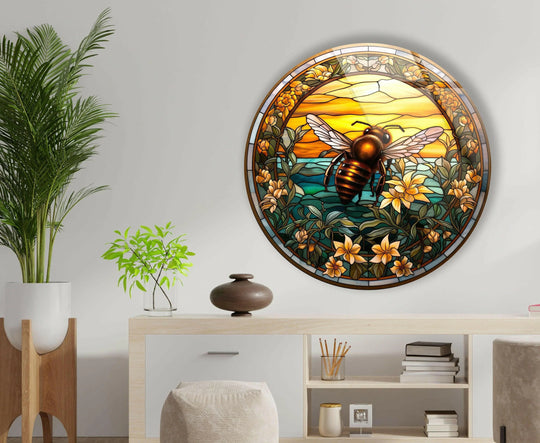 Gleaming like home decoration, the round bee glass wall art's fuzzy body provides a soft contrast to the detailed stained glass floral patterns and sunlit sky.