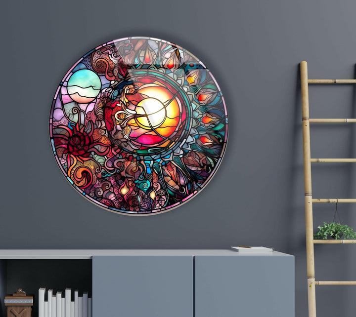 Stained Design Round Glass Wall Art Glass Printing Wall Art, Print photos on glass
