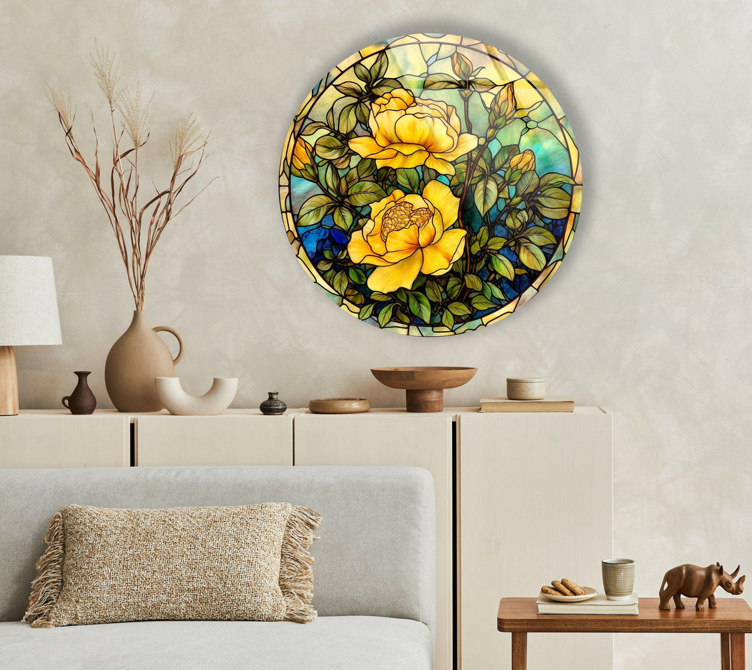 Stained Round Yellow Rose Glass Wall Art stained glass wall art, stained glass wall decor
