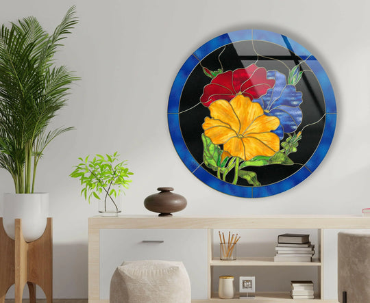 The stillness of the colorful flower wall art prints in a round glass art piece evokes a tranquil beauty, a moment captured for enduring display.
