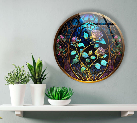 Fluid, swirling gold vines enhance the sense of movement in this stained round blue rose decorative wall art, creating a mesmerizing circular glass artwork.