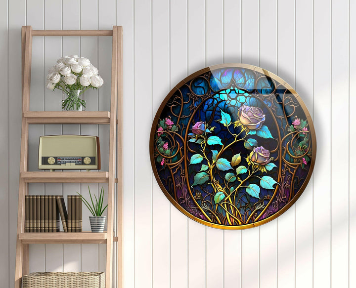 Stained Round Blue Rose Glass Wall Art custom glass pictures, glass art prints
