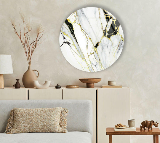 Transitioning gracefully between white, gold, and black, this marble round glass wall art adds sophisticated home decoration to any contemporary space.