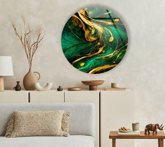 Revealing depth and layers, the round green and gold abstract glass art painting features swirling patterns that create a mesmerizing, dimensional focal point.