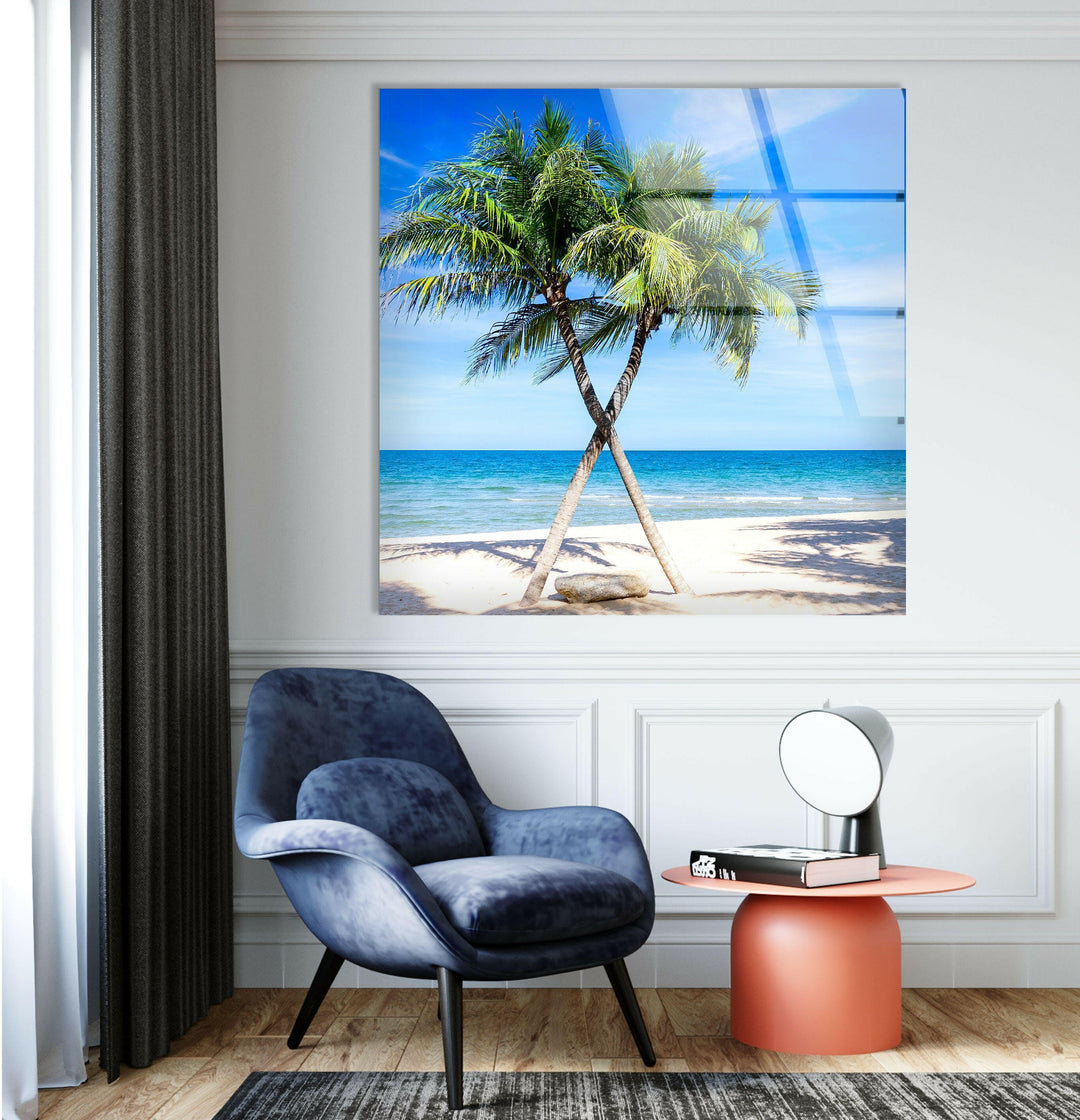 Stunning ocean scenery with a pair of palm trees leaning toward the sea, creating a vacation vibe.
