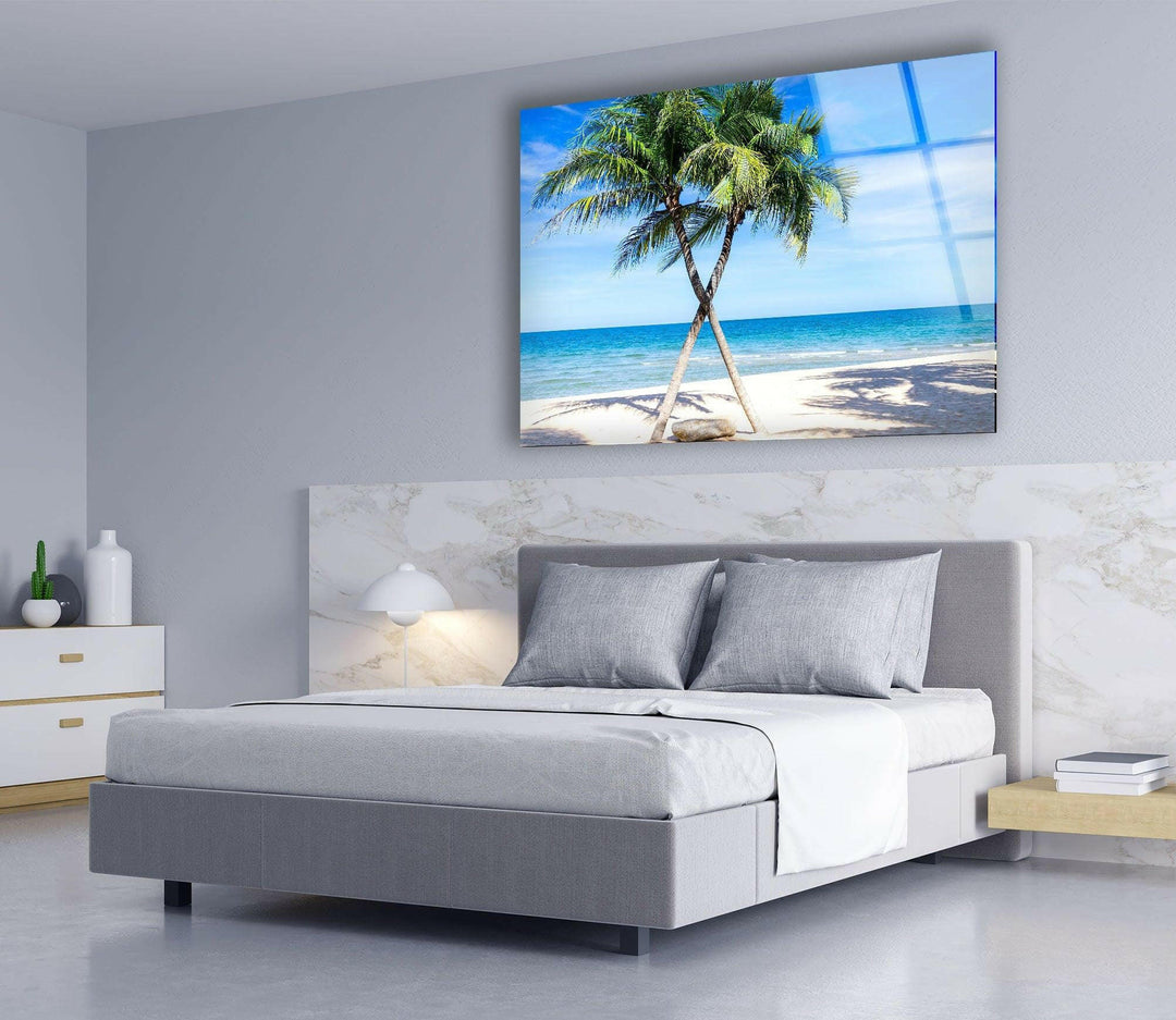 Tropical getaway artwork with palm trees swaying on a breezy beach, adding a relaxing touch to any space.
