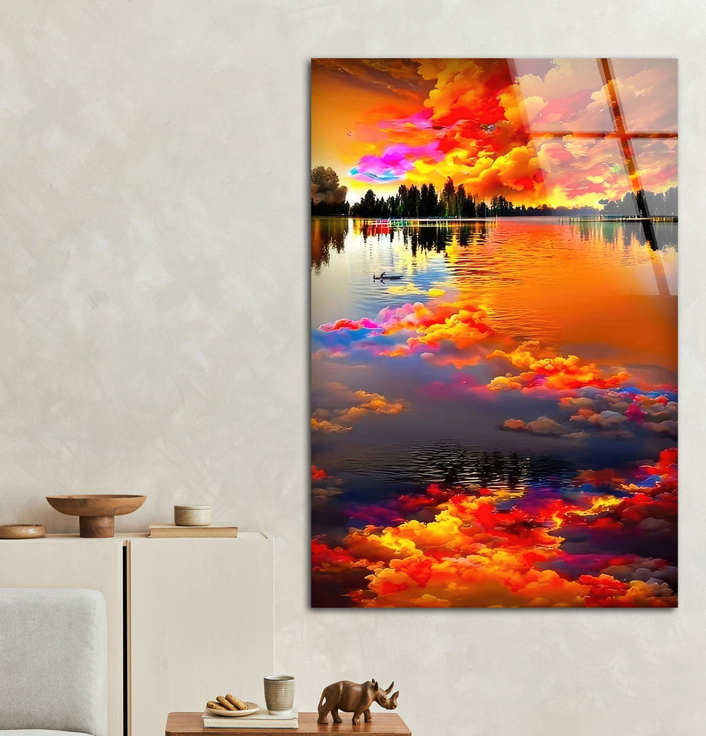 Stunning landscape glass art showcasing fiery sunset hues mirrored in the water.
