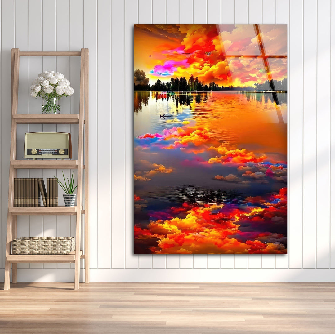 A bold and colorful sunset landscape art print on premium glass for modern décor.
