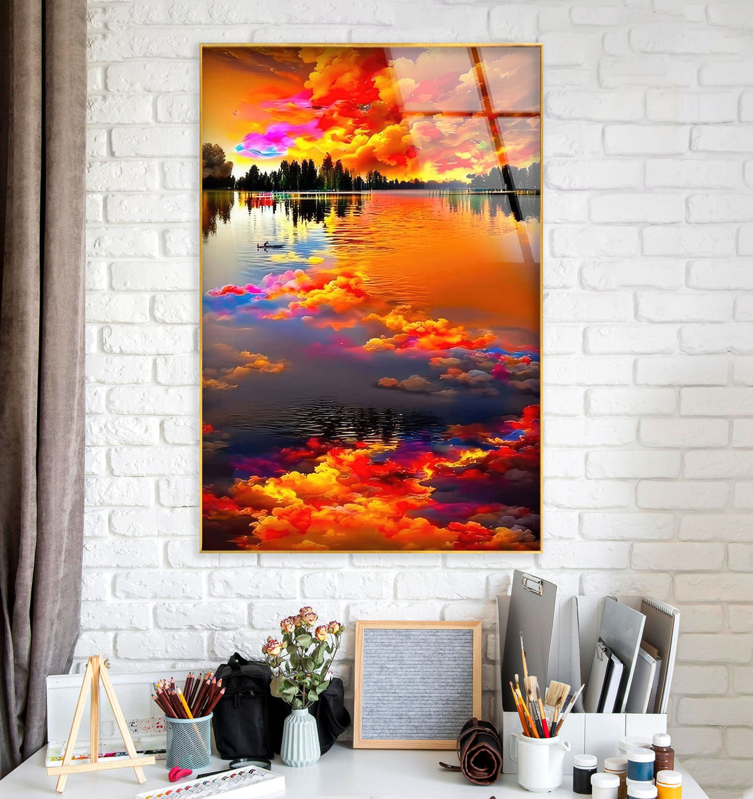 A dynamic and vibrant sunset reflection captured on durable tempered glass.
