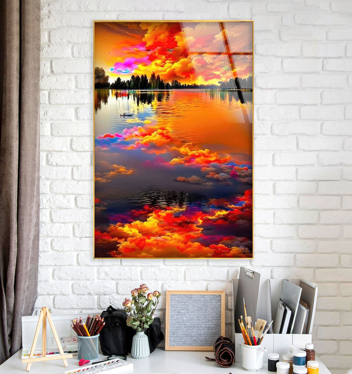 A dynamic and vibrant sunset reflection captured on durable tempered glass.
