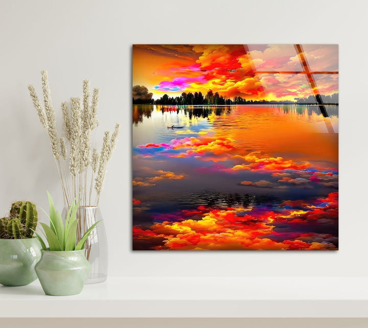 Captivating sunset clouds and reflections in a high-quality glass wall art print.
