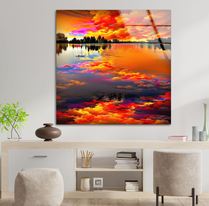 Elegant glass wall décor featuring a dreamy sunset sky over a peaceful water scene.
