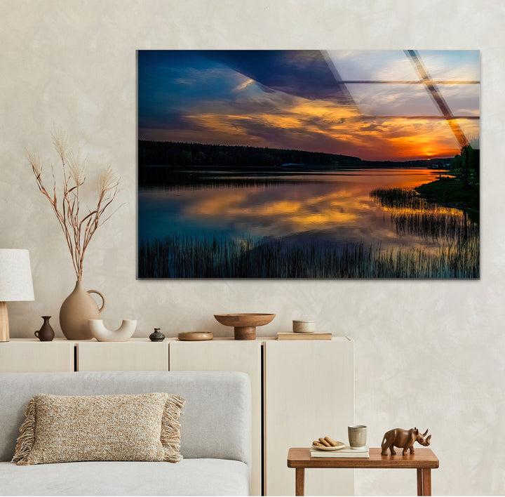 Twilight Glow on Water: Experience the calming effect of golden hour with this landscape print that features the soft glow of a sunset reflected on a tranquil lake.

