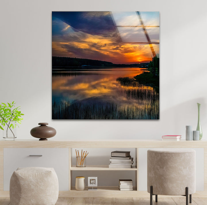 Reflections of Twilight: A vivid portrayal of twilight as the golden light dances across a tranquil lake, printed on high-quality glass for lasting beauty.

