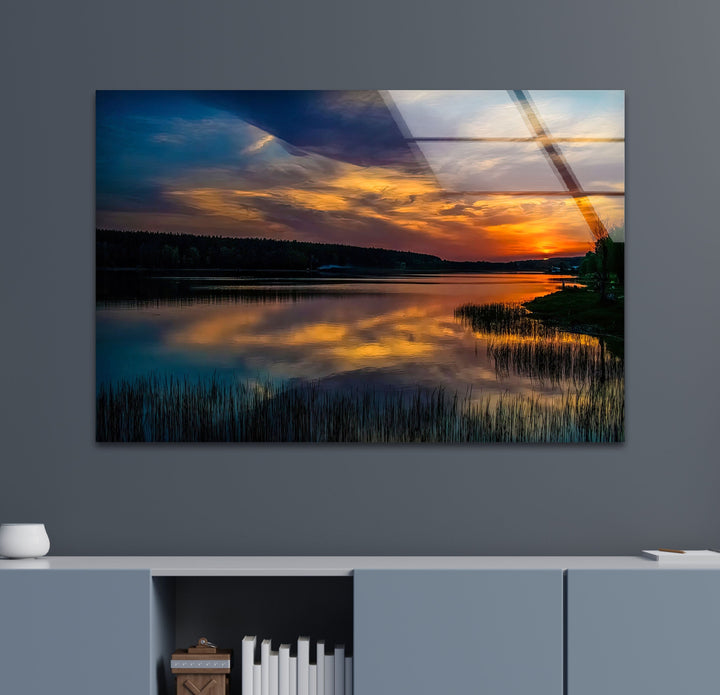Golden Waterscape: Immerse yourself in the peaceful reflection of a golden sunset over a serene lake. Perfect for bringing a touch of nature to your home.

