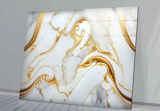 White and gold marble abstract glass wall art prints, showcasing swirling golden veins across a luminous white expanse.