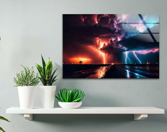 Against a textured light grey wall, the dramatic 'Epic Storm' wall prints showcase an electrifying lightning storm and a fiery sky in the background.