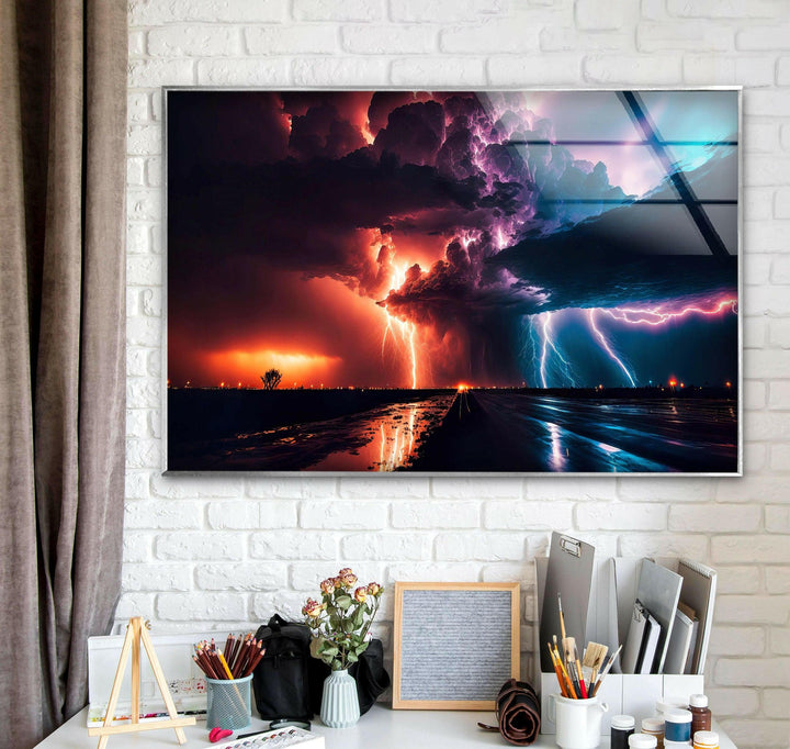 Epic Storm Glass Wall Art: A Breathtaking Clash of Lightning & Fire