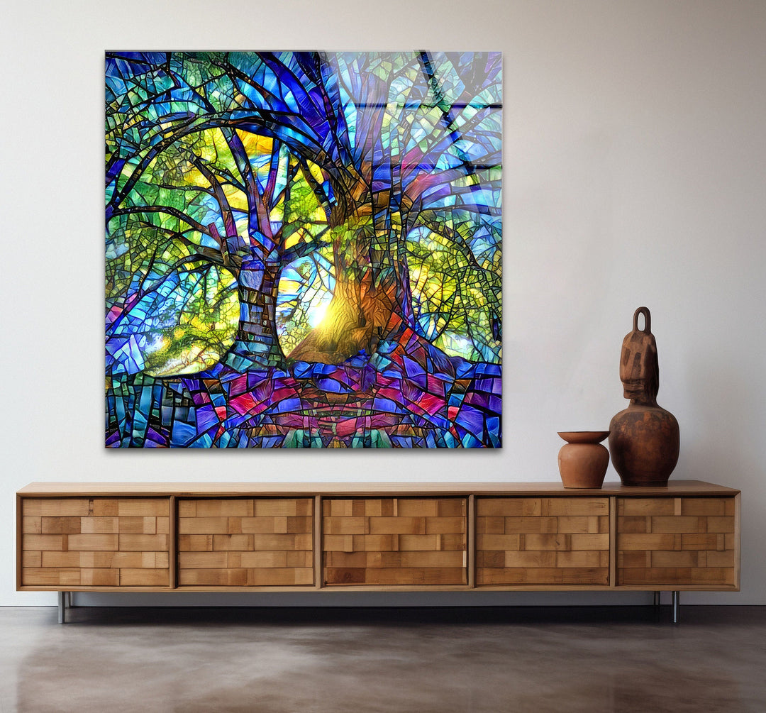 Blue Life of Tree Glass Wall Pictures & Cool Art Decor